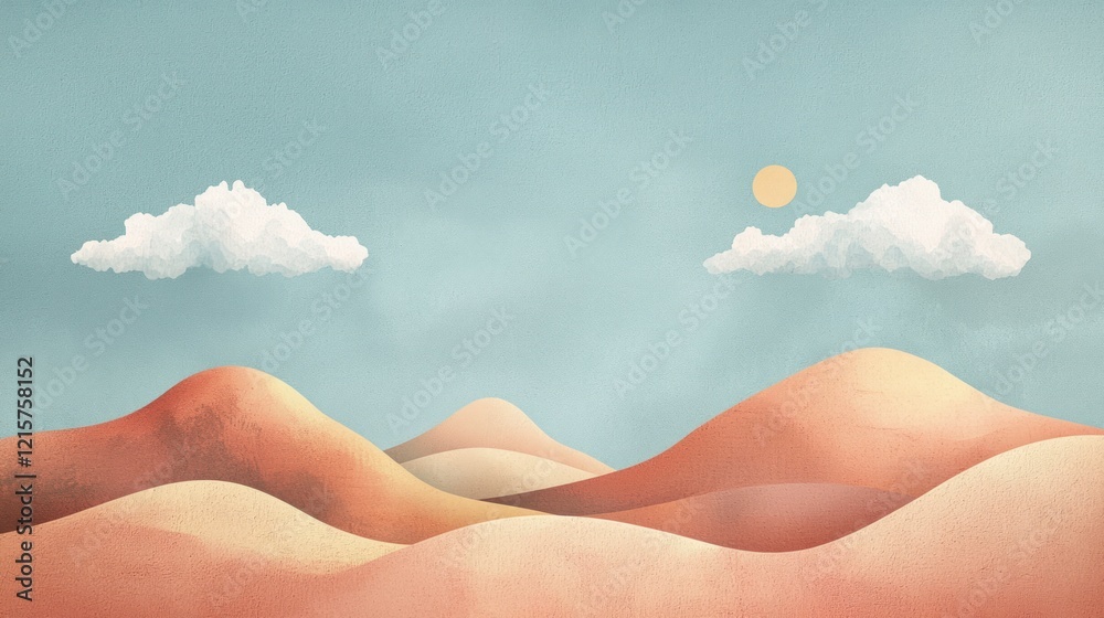 Fototapeta premium Serene Desert Landscape: Minimalist Artwork of Rolling Sand Dunes Under a Calm Sky
