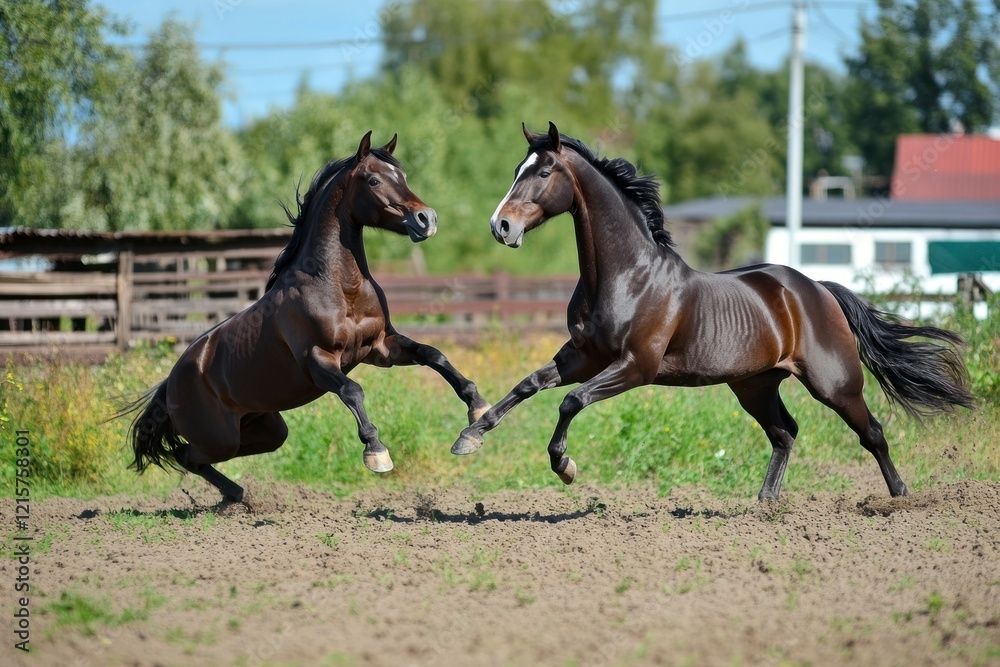 Two Dark Horses Playing in a Field