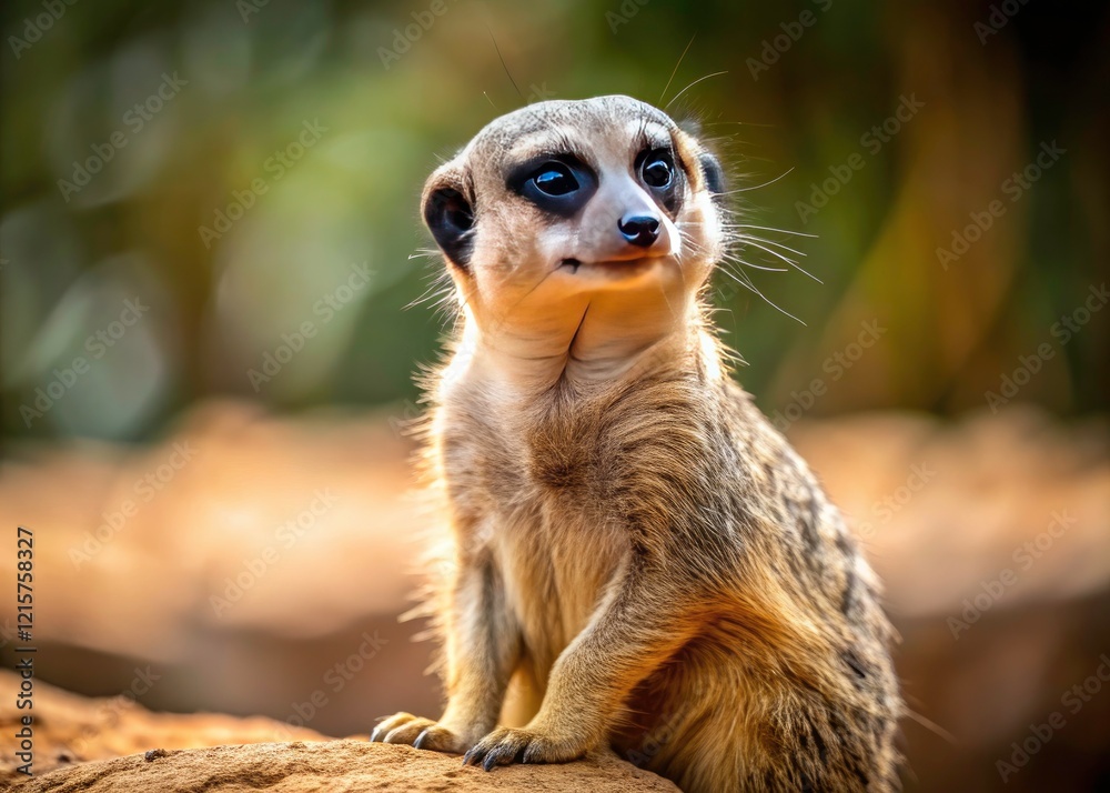 Fototapeta premium Meerkat Portrait Photography: Adorable Wildlife Photo, Cute Animal Image, Sitting Meerkat, Ground Level View, Nature Photography