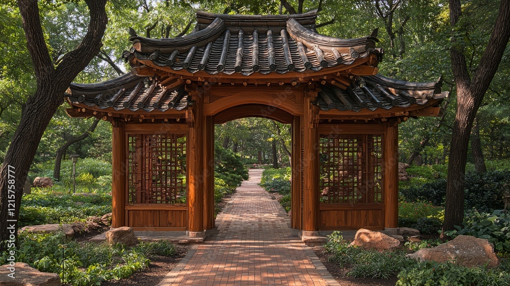 Wooden garden archway in park, path leads to trees. Peaceful Asian garden scene. Use Travel brochure Wooden garden archway in park, path leads to trees. Peaceful Asian garden scene. Use Travel brochure