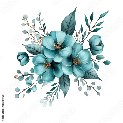 beautiful arrangement of teal flowers surrounded by delicate leaves and smaller floral elements. creating an elegant and harmonious design suitable for various decorative purposes