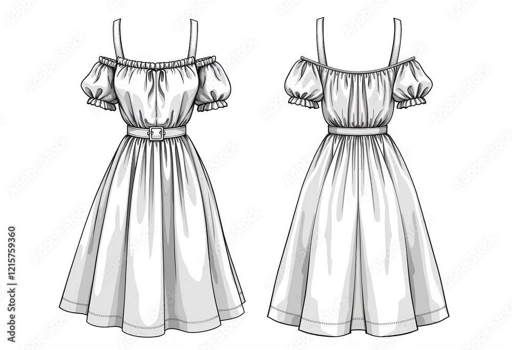 Technical Flat of Off Shoulder Dress, Draped Mini Design, Balloon Skirt Poplin, Women's Fashion CAD Template, Front and Back View, White Dress Fashion Illustration.
Technical Flat of Off Shoulder Dress, Draped Mini Design, Balloon Skirt Poplin, Women's Fashion CAD Template, Front and Back View, White Dress Fashion Illustration.