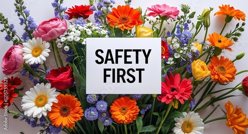 safety first lettering on plain white card on bouquet of flowers background