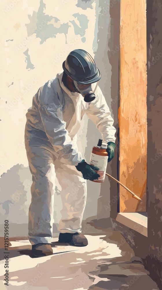 Worker in Protective Gear Applying Treatment To Wall Worker in Protective Gear Applying Treatment To Wall