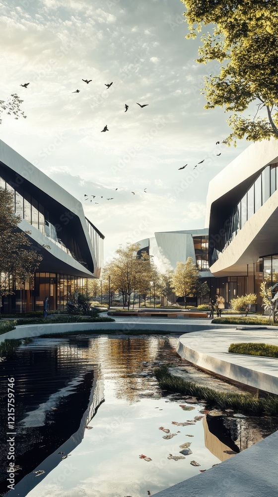 Fototapeta premium Modern Architectural Design Featuring a Reflecting Pond