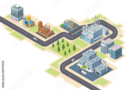 Isometric modern building with road and vehicle.