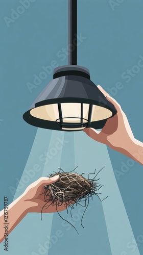 Hands exchanging a birds nest and a light fixture