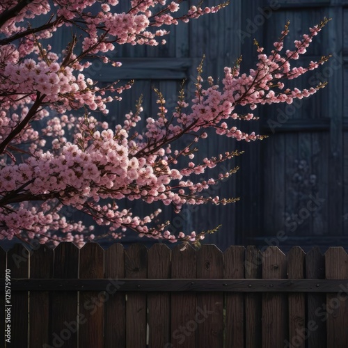 Cherry blossom branches against a dark wooden fence with intricate details of the tree, outdoor scene, chery blossom photo