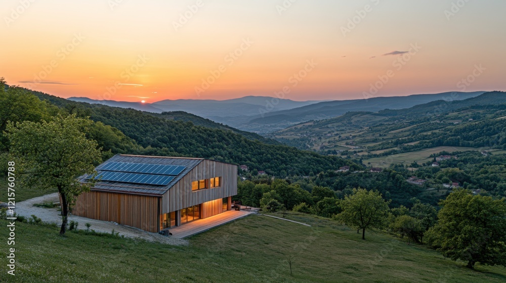 Serene Modern House on a Hilltop with Breathtaking Sunset View Over Scenic Mountain Landscape in Tranquil Nature Setting Serene Modern House on a Hilltop with Breathtaking Sunset View Over Scenic Mountain Landscape in Tranquil Nature Setting