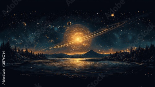 Celestial landscape with glowing sun and saturn-like rings over serene lake