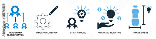 Collection of intellect property icons in vector format showcasing symbols like brain, light bulb, gears and patents. Ideal for education, innovation and intellectual themes.