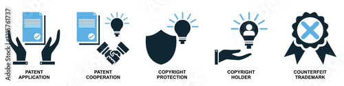 Collection of intellect property icons in vector format showcasing symbols like brain, light bulb, gears and patents. Ideal for education, innovation and intellectual themes.