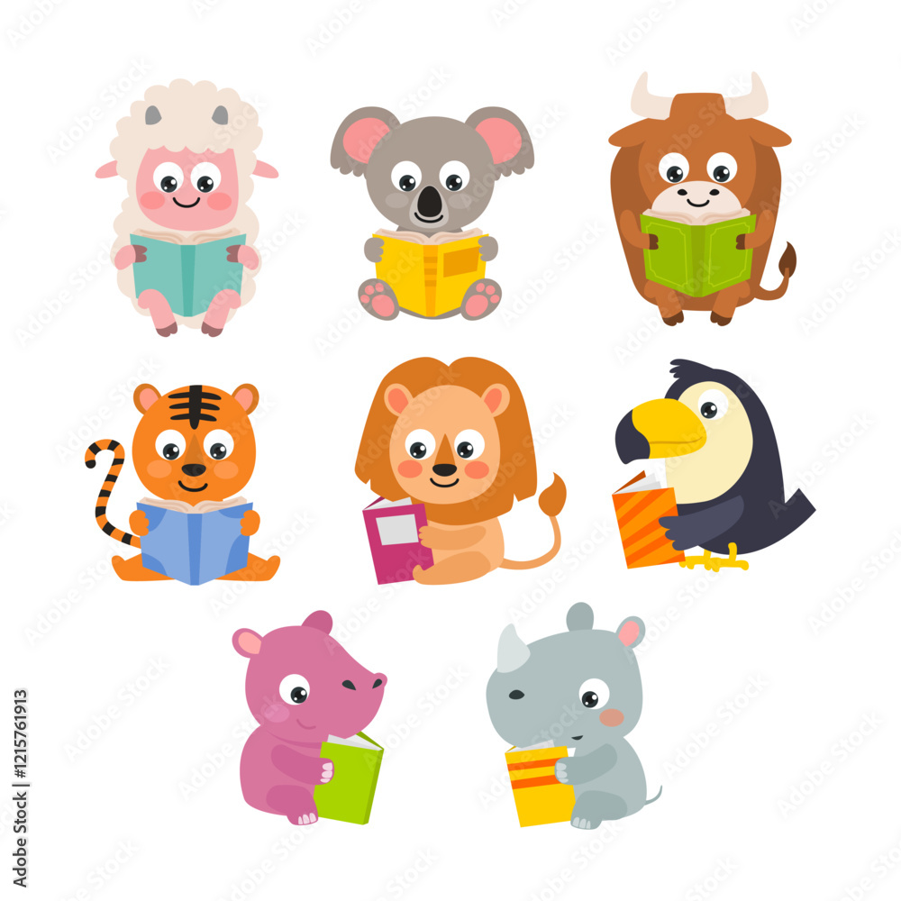 Set of cute baby animal reading book collection, Cartoon funny characters holding open books, smart sheep, koala, buffalo, tiger, lion, toucan, rhino, hippopotamus. Children educational illustration Set of cute baby animal reading book collection, Cartoon funny characters holding open books, smart sheep, koala, buffalo, tiger, lion, toucan, rhino, hippopotamus. Children educational illustration