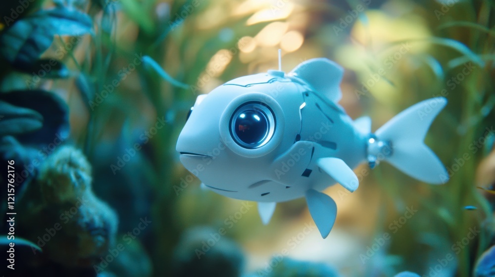 Underwater Scene Featuring a Playful Robotic Fish Among Lush Greenery, Capturing the Essence of Marine Technology and Nature's Wonders in a Vibrant Aquatic Environment Underwater Scene Featuring a Playful Robotic Fish Among Lush Greenery, Capturing the Essence of Marine Technology and Nature's Wonders in a Vibrant Aquatic Environment