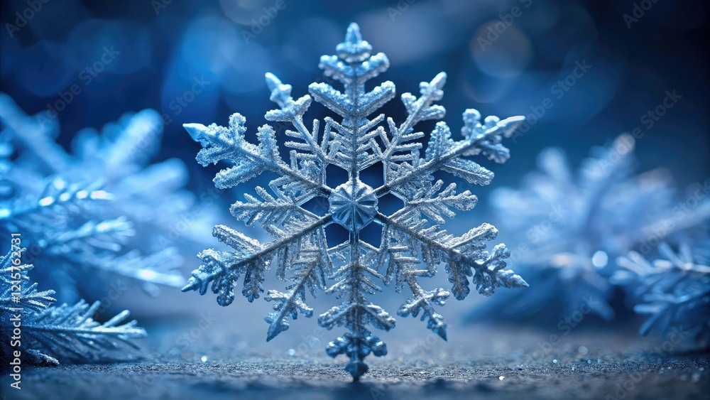 Close-up of a single snowflake with unique patterns and shapes, fragile, fringed, frosty, pattern Close-up of a single snowflake with unique patterns and shapes, fragile, fringed, frosty, pattern