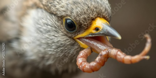 Close-up of a sturnu vulgari with a bright yellow beak holding a wriggling worm in its beak, beak, hungry photo