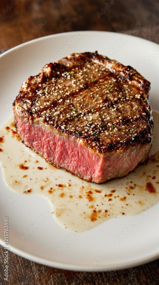Close up of well-seasoned steak on a ceramic plate, ceramic, close up, delicious, dinner, steak Close up of well-seasoned steak on a ceramic plate, ceramic, close up, delicious, dinner, steak