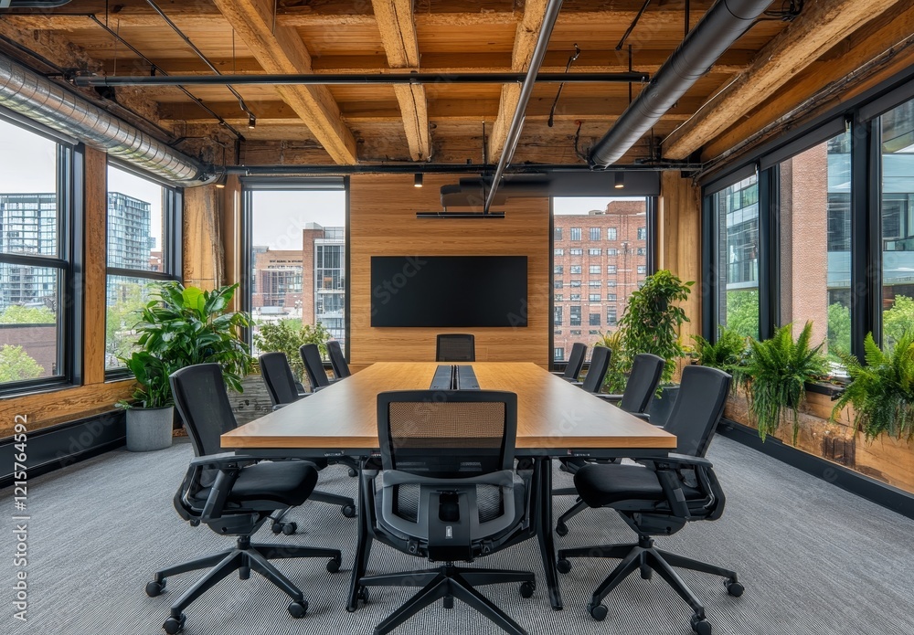 Obraz premium Modern wood conference room with large windows and city view.