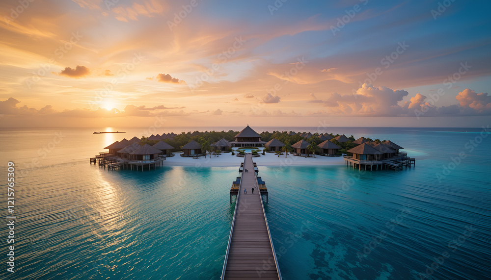 A breathtaking aerial view captures stunning expanse of Maldives island, showcasing luxurious water villas resort and intricate wooden pier against backdrop of a vibrant, sun-kissed sky and crystal A breathtaking aerial view captures stunning expanse of Maldives island, showcasing luxurious water villas resort and intricate wooden pier against backdrop of a vibrant, sun-kissed sky and crystal