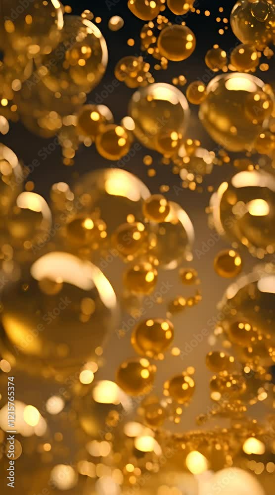 Shimmering cosmetic gold serum liquid bubbles float gracefully, glistening like tiny suns