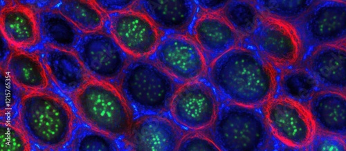 Microscopic view of cells with stained nuclei and cytoplasm.
