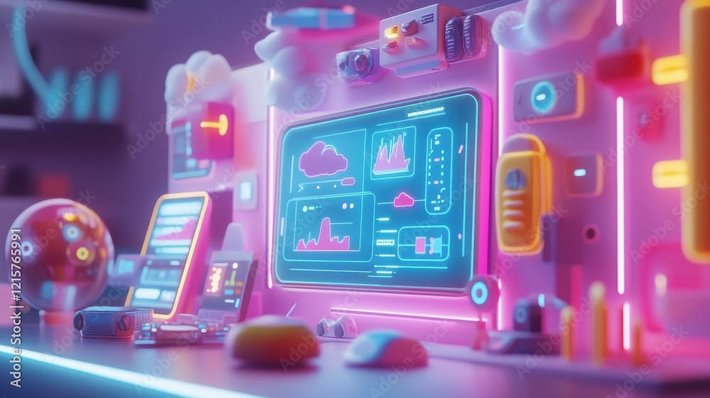 Obraz premium Neon-lit futuristic control room with data displays. Illustrates modern technology, data analysis, and cloud computing.