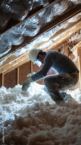 Naklejka Worker installing blown in insulation in attic