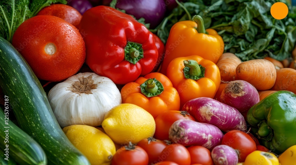 Vibrant assortment of fresh vegetables including peppers, tomatoes, and garlic on a rustic background Vibrant assortment of fresh vegetables including peppers, tomatoes, and garlic on a rustic background