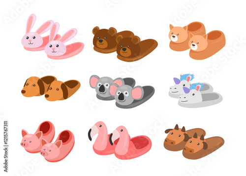 Set of cute animal slipper collection for kids and adults cartoon, Comfortable cartoon footwear for house, bedroom or hotel, animal heads with rabbit, bear, dog, koala, unicorn, pig, flamingo and cow.