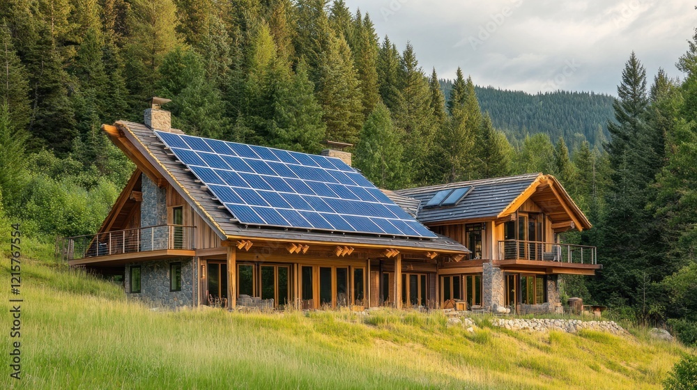 Eco-friendly solar-powered house nestled in a green landscape with forest and mountains in the background Eco-friendly solar-powered house nestled in a green landscape with forest and mountains in the background