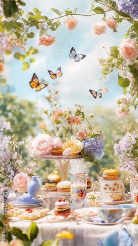 Elegant Afternoon Tea Party Amongst Blooming Roses and Butterflies