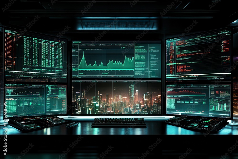 Multiple monitors display financial data and city skyline. Illustrates high-stakes trading or data analysis. Multiple monitors display financial data and city skyline. Illustrates high-stakes trading or data analysis.