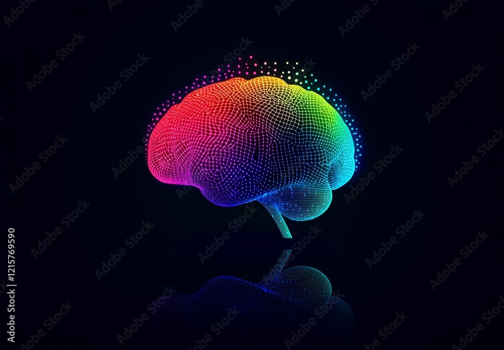 Fototapeta premium Colorful digital brain with reflection on black background.