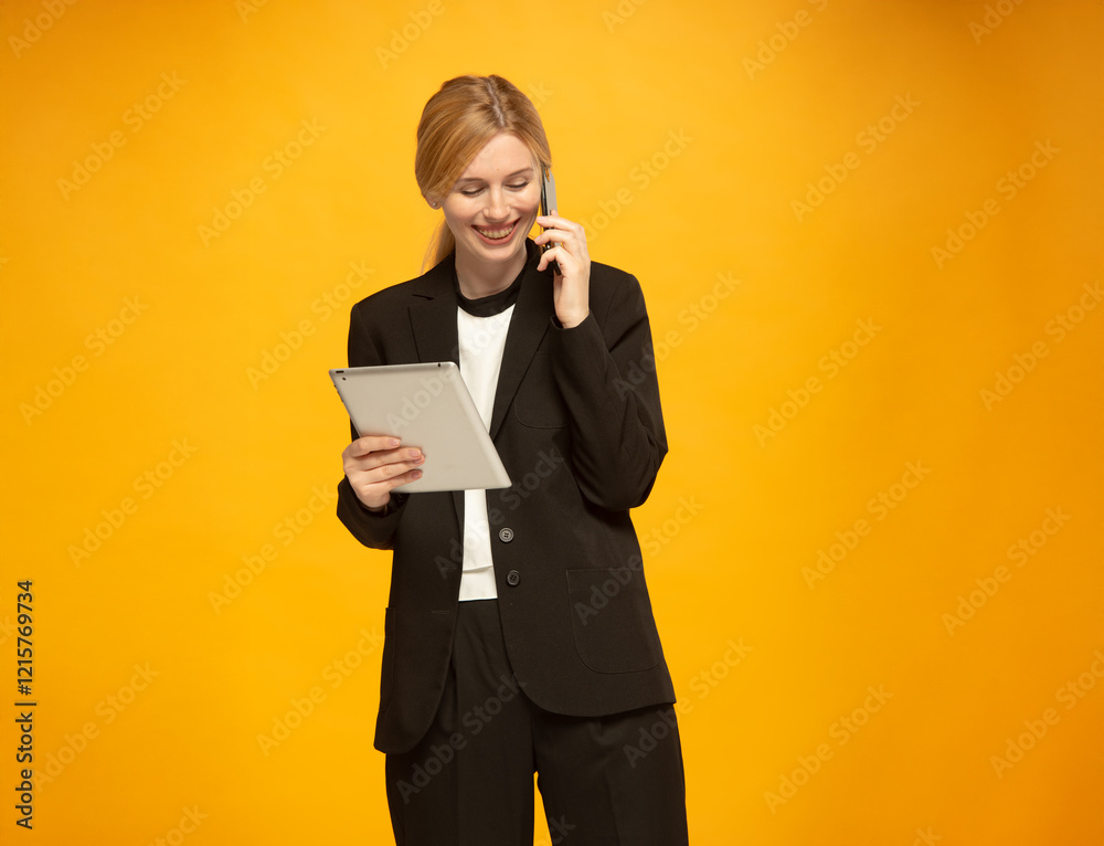 professional woman in business clothes using smartphone and tablet professional woman in business clothes using smartphone and tablet