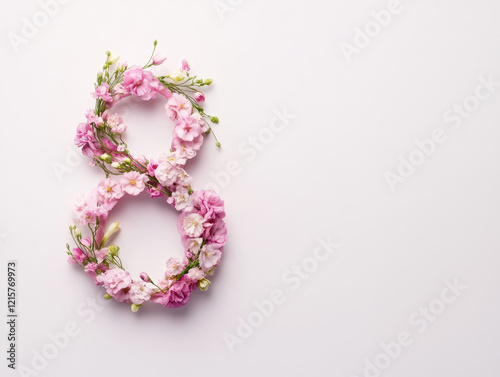 Floral arrangement forming number eight, featuring pink flowers and greenery, creating vibrant and cheerful display. Perfect for celebrations or special occasions