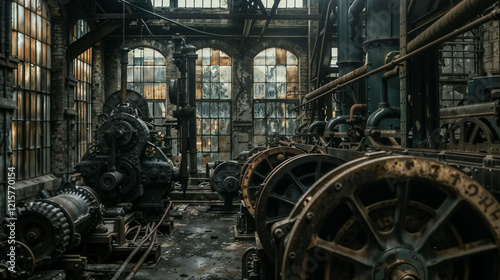 Abandoned industrial engine room with vintage machinery, weathered brick walls, and large arched windows, capturing the decaying beauty of historical manufacturing equipment photo