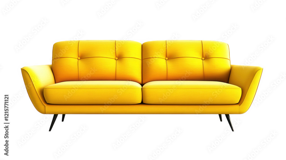 Fototapeta premium modern. stylish yellow sofa with a sleek design. characterized by its smooth fabric. tufted cushions. and tapered legs it serves as a vibrant centerpiece for contemporary living spaces. enhancing the