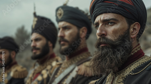 Ottoman Empire military commanders in traditional dress uniforms with ornate turbans and detailed embroidery, displaying their rank through distinctive ceremonial attire and commanding presence