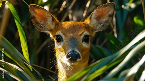 Deer peering through foliage, sunlight, wildlife, nature, poster photo