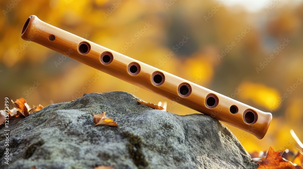 Naklejka premium Bamboo Flute on Rock with Autumn Background