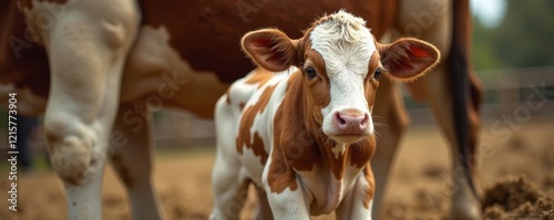 A cute calf standing near its mother on a farm, showcasing typical rural life. photo