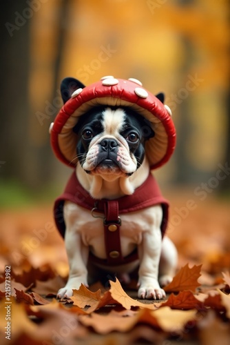 A cute pug wearing a mushroom hat amidst colorful autumn leaves. photo