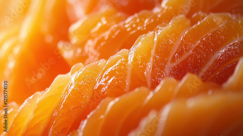 A close-up shot of the texture and coloration of fresh salmon sashimi, highlighting its softness and vibrant orange hues