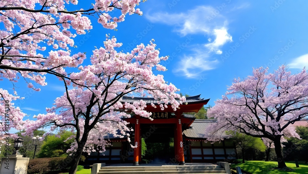Beautiful Pink Cherry Blossoms Blooming Spring Trees Japanese Temple Gate Scenic Nature Peaceful Tranquil Asian Culture Vibrant Flowers Blossom Beautiful Pink Cherry Blossoms Blooming Spring Trees Japanese Temple Gate Scenic Nature Peaceful Tranquil Asian Culture Vibrant Flowers Blossom