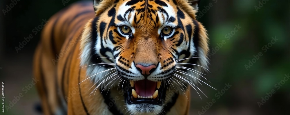 Fototapeta premium A majestic tiger showcasing its striking features in a lush habitat.