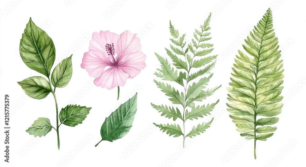 Obraz premium Set of watercolor illustrations, clipart isolated on a white background, leaves and flowers from tropical plants, hibiscus flower, palm leaf
