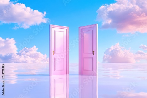 Magical Pink Doors: A Surreal Gateway to Freedom, Opportunity, and Imagination in the Cloud-Filled Sky photo