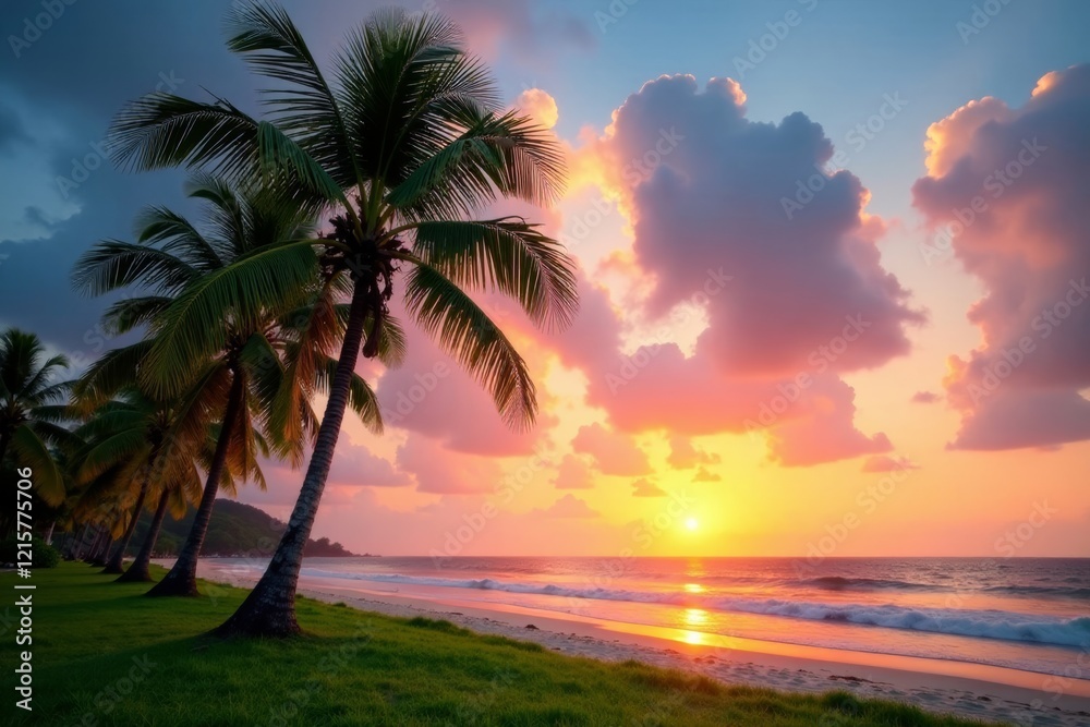 A serene sunset over a tropical beach with palm trees and colorful clouds. A serene sunset over a tropical beach with palm trees and colorful clouds.