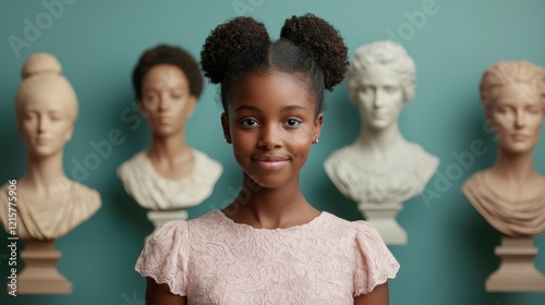 Women’s History Month concept. Confident Young Woman Standing Amidst Sculptures in a Gallery Display