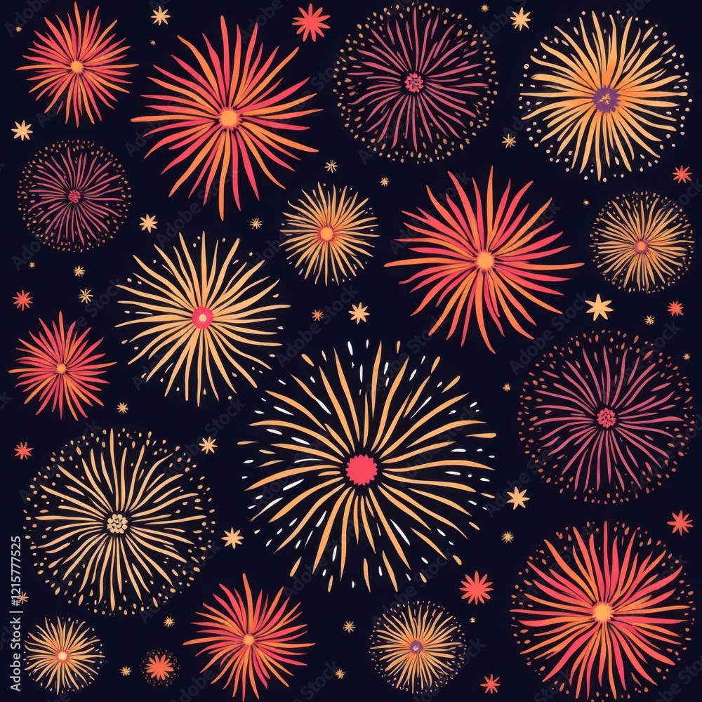 Naklejka premium Festive Fireworks Pattern, Celebration Background - •Flat design